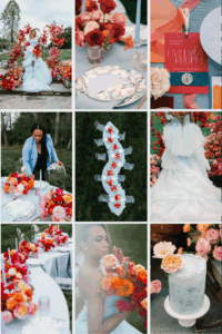 Asheville Event Professionals Collage of different photos from a photo shoot including images of a bride's gown, a wedding invitation, a table set up, and Terran Ward setting up a reception table.