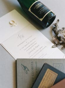 Biltmore Weddings – Marcos and Gaby Wedding invitation with rings, champagne bottle, and books styled flat lay.