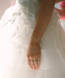 Grand Bohemian Asheville Wedding_Carly and David Close-up of bride's left hand with the wedding ring, resting against her gown at the Grand Bohemian Asheville. Wedding Planned by luxury Asheville Planner Terran Ward
