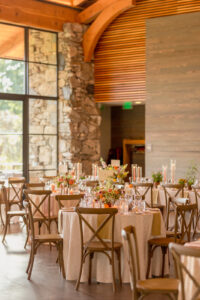 Omni Grove Park Inn Weddings – Mr. and Mrs. Kelly Wedding reception tables with floral centerpieces and candles at Omni Grove Park Inn.