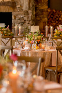 Omni Grove Park Inn Weddings – Mr. and Mrs. Kelly Close-up of floral centerpiece and candles on a reception table at Omni Grove Park Inn