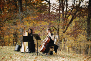 Close-up of two female musicians playing a harp and cello, respectively, outside in the fall moutains. Destination wedding in Asheville — Terran Ward planning mountain ceremony
