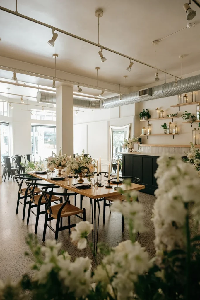 The studio asheville set up for an intimate wedding reception, designed by Terran Ward Events.